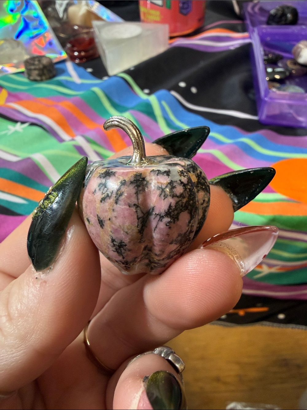 Hand-Carved Pink & Black Rhodonite pumpkin figurine- Halloween - mini